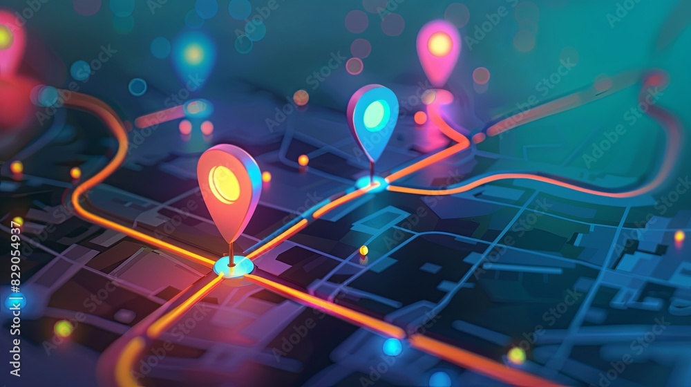 Poster isometric gps tracking map with multiple pins marking destinations. abstract background for navigati