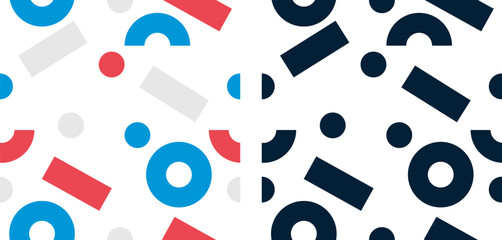 vector illustration of a seamless pattern with basic geometric shapes in blue, red and white