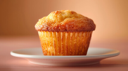 Golden muffin on a white plate, pink background