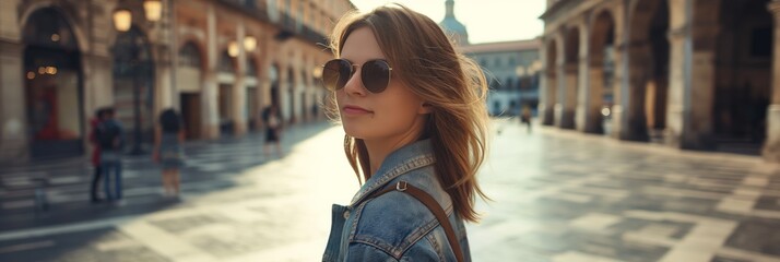 Stylish young woman wearing sunglasses walking confidently in a city square