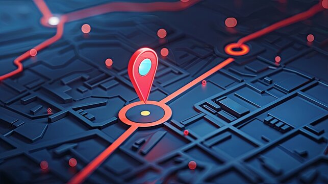 GPS tracking map with a red marker illustrating location. Isometric abstract map background. Generative AI