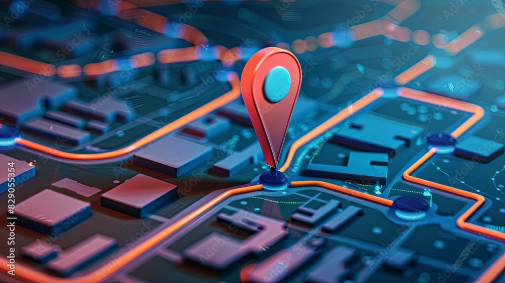 Fototapete isometric gps tracking map with a red marker indicating a location on street maps. digital abstract 