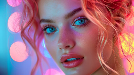 Fototapeta premium Beautiful young woman's face with perfect skin and colourful makeup in neon light. Color neon portrait of beauty model with makeup, long eyelashes and big pearl earrings. Selective focus. Close-up.