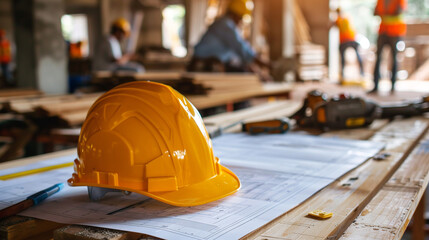 Construction site helmet and construction site background safety first concept