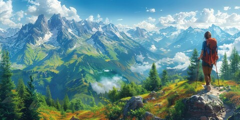 Naklejka premium Panoramic view of nature: Female hiker on scenic trail, generative ai