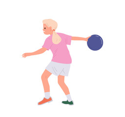 Happy girl child cartoon character having fun entertainment in bowling club isolated on white