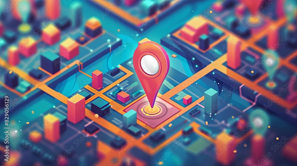Aufkleber a detailed isometric map showing a red marker pinpointing a location on the street map. digital navi