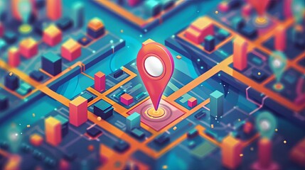 A detailed isometric map showing a red marker pinpointing a location on the street map. Digital navigation concept. Generative AI