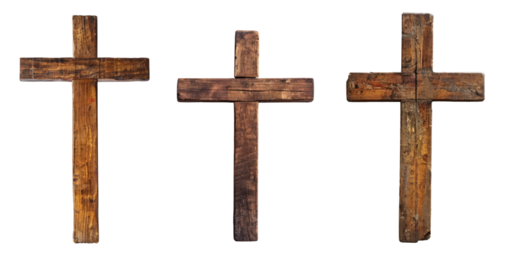 Old wooden cross, religious symbol, faith, transparent or isolated on white background