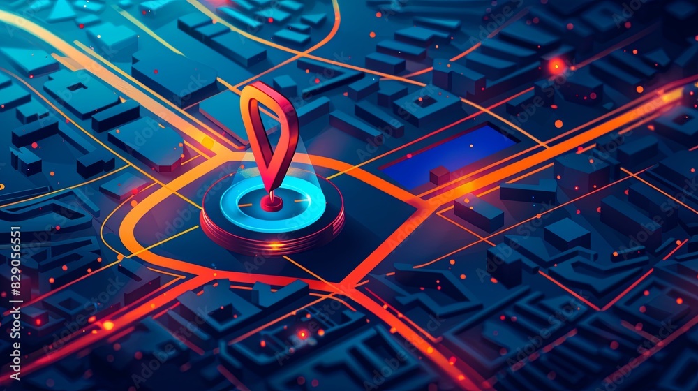 Poster Isometric GPS tracking map with a pin in the center. Abstract background showcasing digital navigation. Generative AI