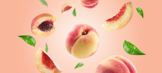 Peach fruit and peach slices  flying on peach colour background