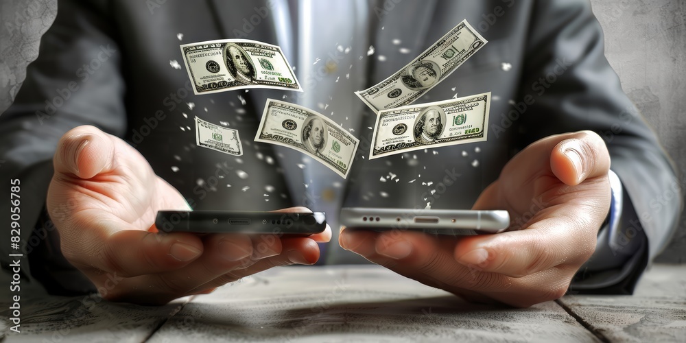 Poster digital money transfer between smartphones, illustrating the modern and innovative methods of mobile