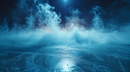 Abstract frozen hockey ice rink with smoke,
Dark street wet asphalt reflections of rays in the water Abstract dark blue background smoke