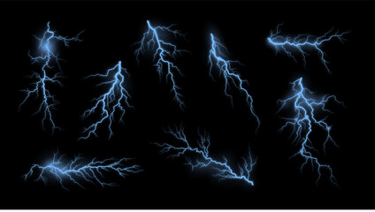 Lightning effect. Electric blue thunder rays, electric strike. Vector set