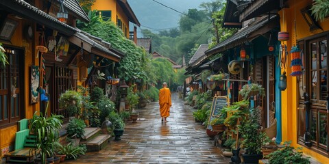 Obraz premium Saffron Robed Monk in Serene Alley, generative ai