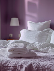 Neatly made bed with white pillows and sheets, folded towels on top