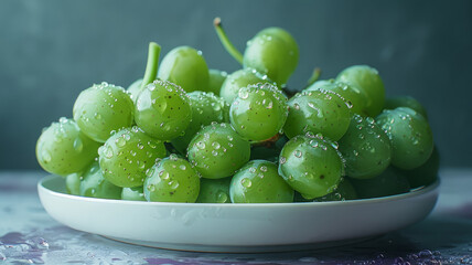 A plate of fresh green grapes with water droplets on them.