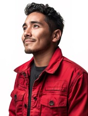 Smiling happy Latino American man in red uniform. Studio lighting, isolated on white background.	
