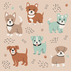 Cute puppies set. Pets clip art. Vector illustration in flat style.