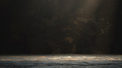 Empty stage with dramatic lighting and textured concrete floor.