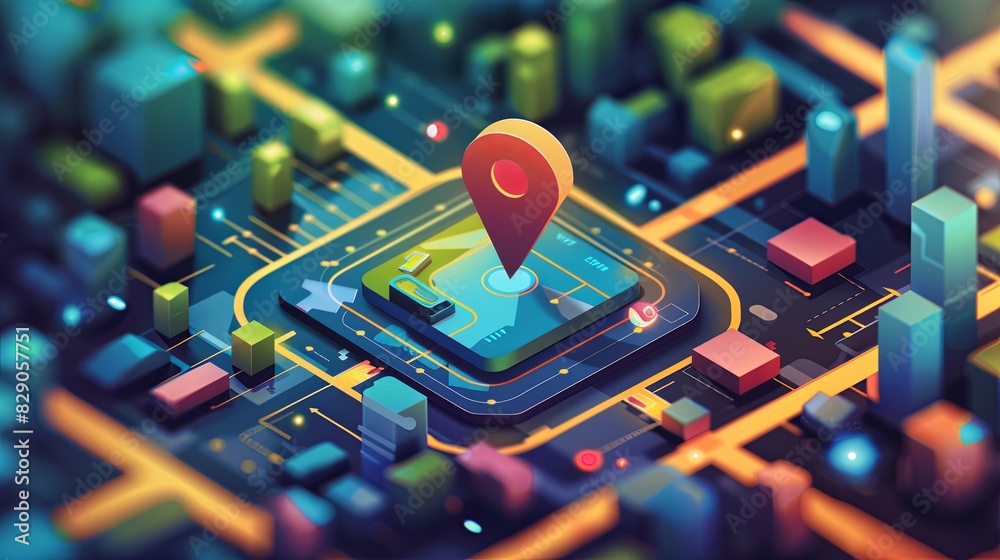 Poster a map with a pin showing a precise location for navigation. isometric abstract background. digital a