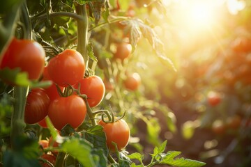 Sunlit bountiful tomato garden with ripe red tomatoes on vines, natures abundance