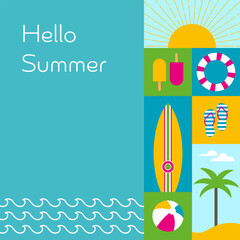 Hello Summer - Schriftzug in englischer Sprache - Hallo Sommer. Sommerliche Karte mit Sonne, Palme, Strand, Meer, Surfbrett und Flip-Flops.