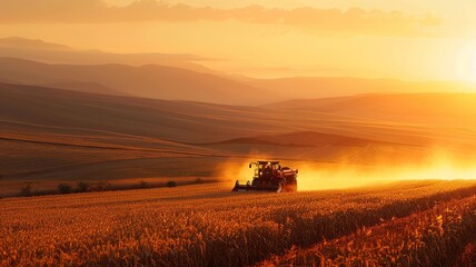 Fototapeta premium Dramatic shadows and golden hues of harvest time with machinery at work in vast farmland