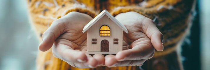 Palms cradling a miniature wooden house model against a warm sweater