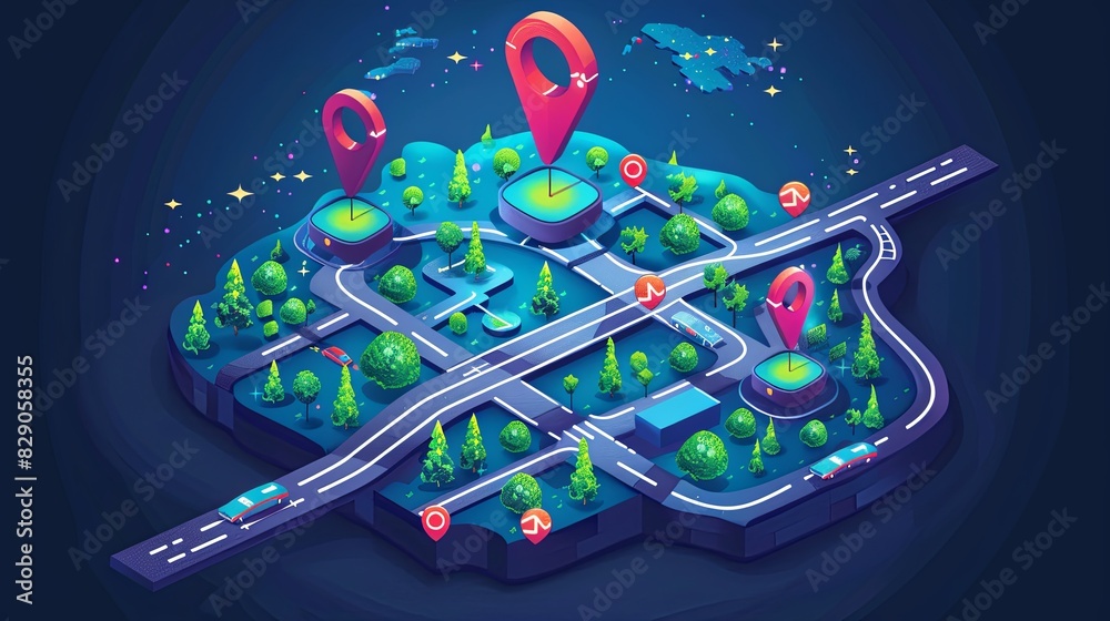 Poster Isometric GPS map with a pin marking a location. Abstract background for navigation and digital art. Generative AI