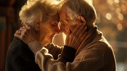 Heartwarming image of an elderly couple loving and caring for each other