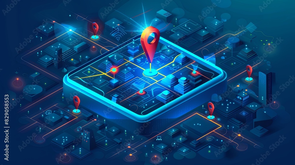 Poster Blue background with an isometric GPS tracking map and a red marker pin for navigation on street maps. Generative AI