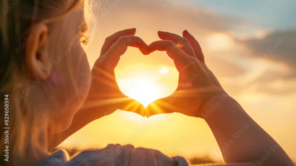 Wall mural Inspiring image of a child's hands forming the shape of a heart with the rays of the sun shining through the heart-shaped gap