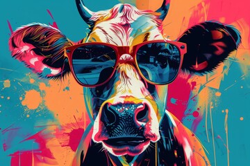 Abstract colorful illustration of cow with sunglasses. AI generative art