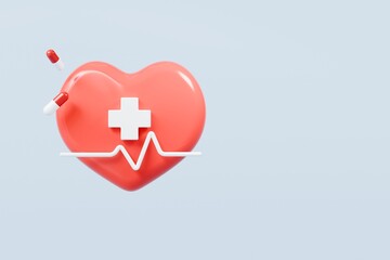 3d Red heart and heartbeat wave icon isolated on blue background. Emergency, Safety, Hospital doctor equipment medic health care concept. 3d minimal heartbeat pulse sensor icon design. 3d render.