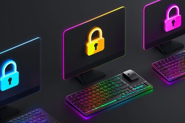 Digital padlocks on glowing computer screens, highlighting cybersecurity, online protection, and the integration of advanced technology in a modern workspace