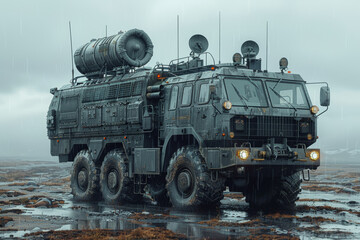 Advanced electronic warfare vehicle disrupting enemy communications and radar systems with sophisticated jamming technology. Concept of cyber warfare and electronic countermeasures. Generative Ai.