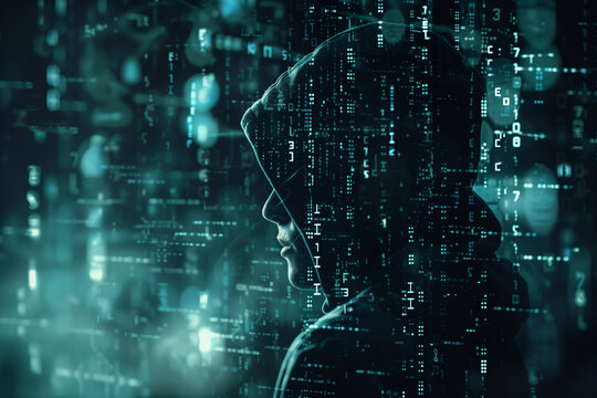 Faceless individual is searching for a password, hacking and digital security concept