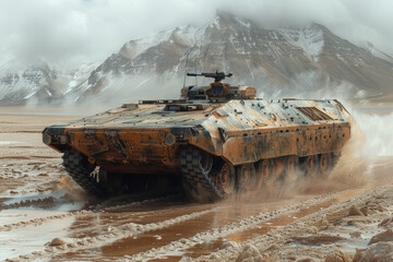 Armored personnel carrier transporting troops through hostile territory, its reinforced hull offering protection against enemy fire. Concept of infantry mobility and troop transport. Generative Ai.