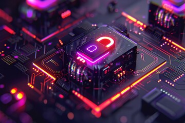 Obraz premium Digital padlocks on a microchip, emphasizing cybersecurity, online protection, and the integration of advanced technology in a high tech environment