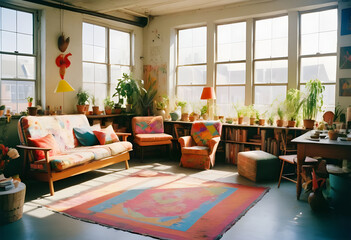 Fototapeta premium An empty loft livingroom penthouse NY,Madrid,London for Augmented reality mockup pattern frame