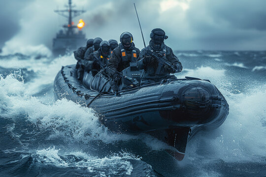Tactical assault boat speeding across choppy waters, carrying elite naval commandos on a covert mission. Concept of maritime special operations and coastal raids. Generative Ai.