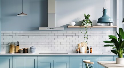 Modern blue kitchen featuring pastel blue cabinets, white subway tile backsplash, and modern fixtures