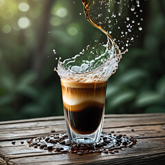 Concept image of coffee with tornado-like coffee liquid rising on a wooden table with a natural background