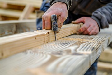 Skilled carpenter assembling wooden rail using screwdriver on table covered in sawdust
