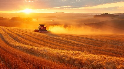 Dramatic shadows and golden hues of harvest time with machinery at work in vast farmland
