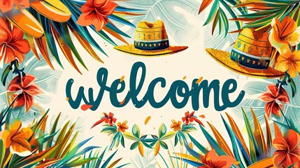 A vibrant welcome banner with tropical motifs