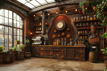 A rustic coffee roastery filled with the earthy aroma of freshly roasted beans, a symphony of crackling sounds and rich scents.  Generative Ai.