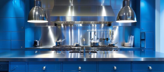 Fototapeta premium Modern blue kitchen featuring sky blue cabinetry, stainless steel backsplash, and pendant lighting