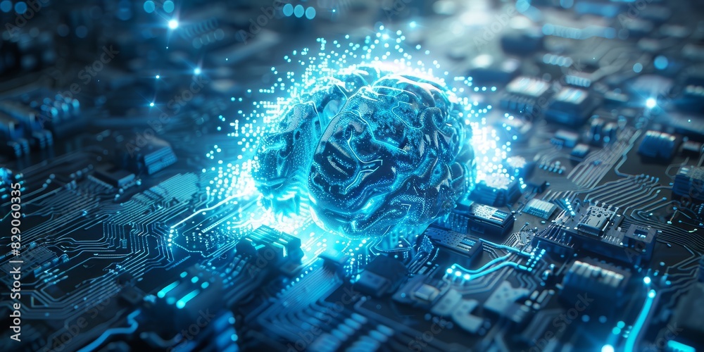 Aufkleber Digital representation of an artificial intelligence brain on a circuit board, highlighting the advanced technology and innovation in AI and modern electronics., Generative AI